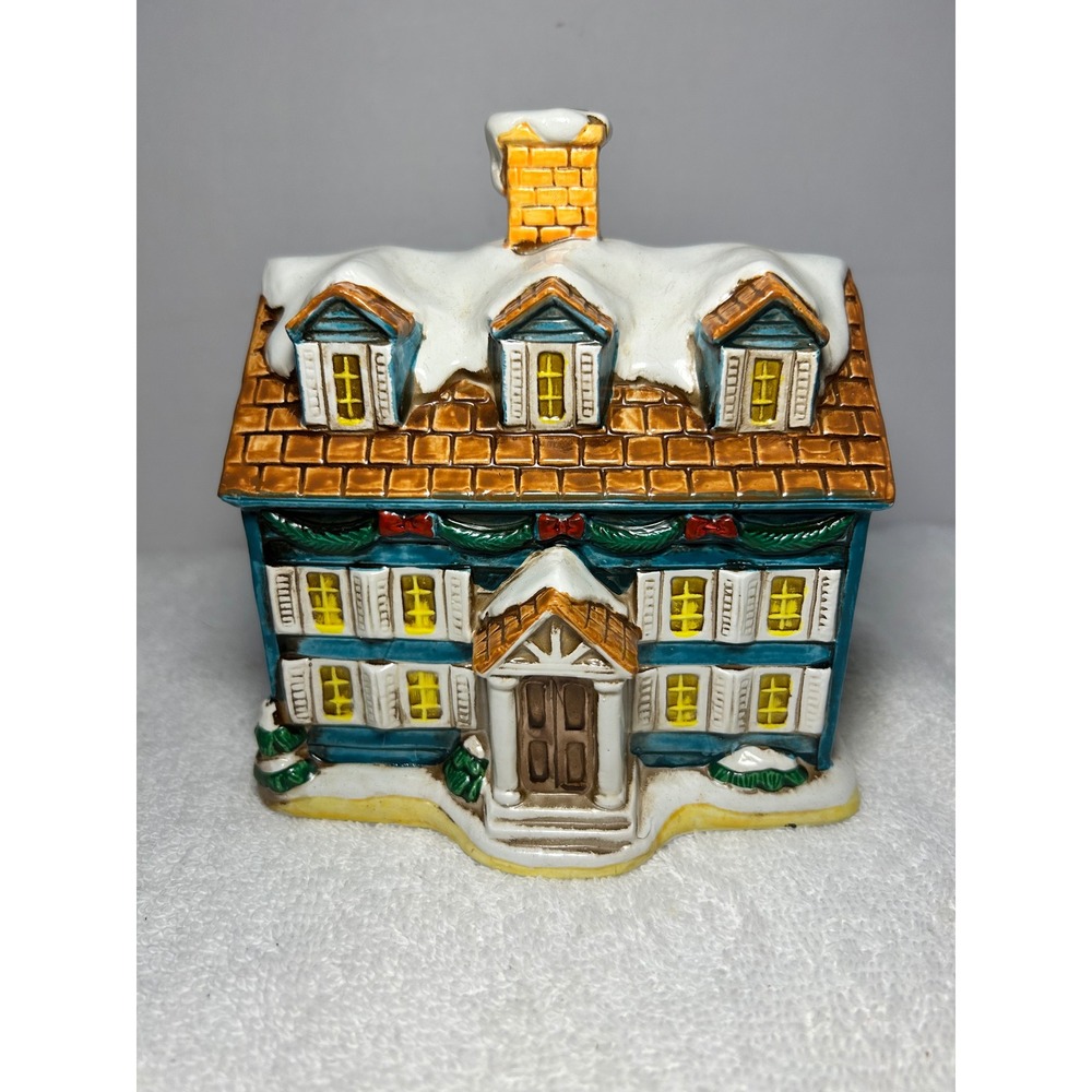 Vintage Kmart Fine Ceramic‎ Hand Painted Christmas Village House Blue Colonial